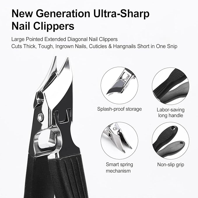 Eagle Beak Nail Clippers for Ingrown & Thick Nails – Beveled/Slanted/Angled Blades, Long Handle Wide Jaw, Anti-Splash Ultra Sharp Stainless Steel Edge 3-Piece Set for Men/Women (Black)