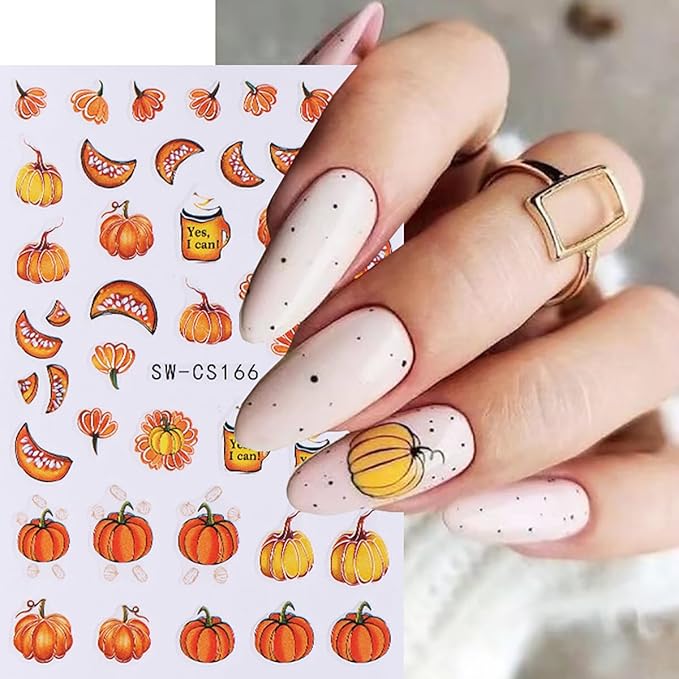8 Sheets Pumpkin Nail Decals for Thanksgiving Art Stickers - Autumn Fruit Flower Leaf 3D Self-Adhesive Fall Decoration Supplies for Women Girls