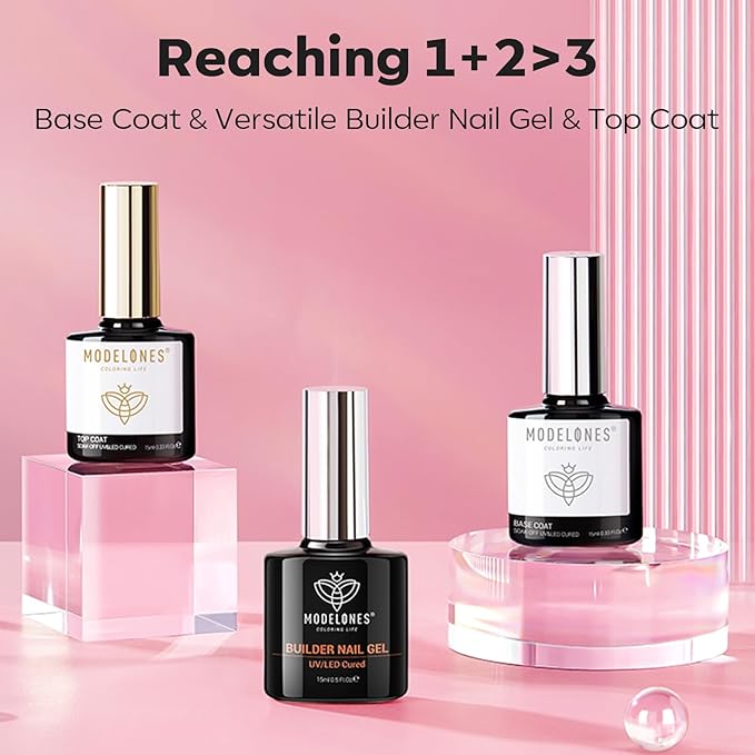 modelones Top Coat with Builder Nail Gel, Nude Pink Color Builder Top Nail Kit for Apex Building Thickening Extension, LED Lamp Cured Color Base Shine Finish Top Coat 10ml Home DIY Salon