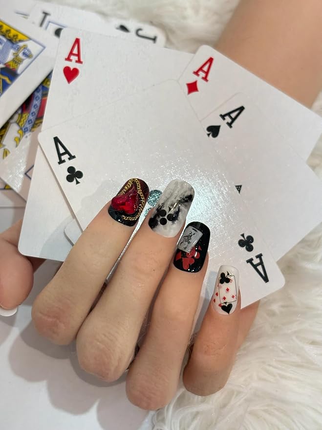 3D Self-Adhesive Nail Stickers - Poker Theme with Hearts & Diamonds, Trendy Fashion Nail Art Designs for Women A Set of 2 Sheets
