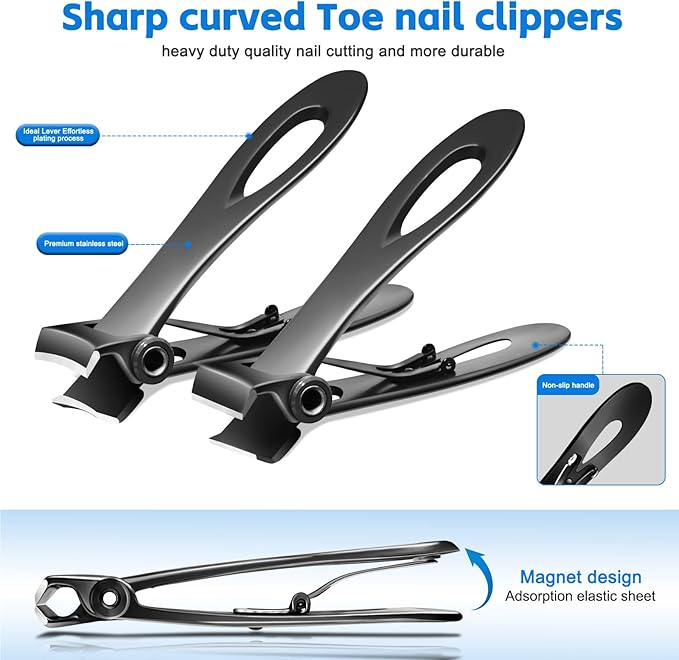 Toenail Clippers for Thick Toenails, Long Handle Wide Jaw Opening Nail Clippers for Adult, Men, Seniors, Extra Large Heavy Duty Toenail Clippers for Fingernail & (4pcs_Curved_Straight_Black)