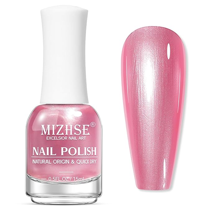MIZHSE Pearlescent Rose Pink Nail Polish, Quick Dry Pearl Nail Polish, Air Fast Drying 15ml Nail Lacquer Non Gel Oil-based Nail Art Manicure Home DIY