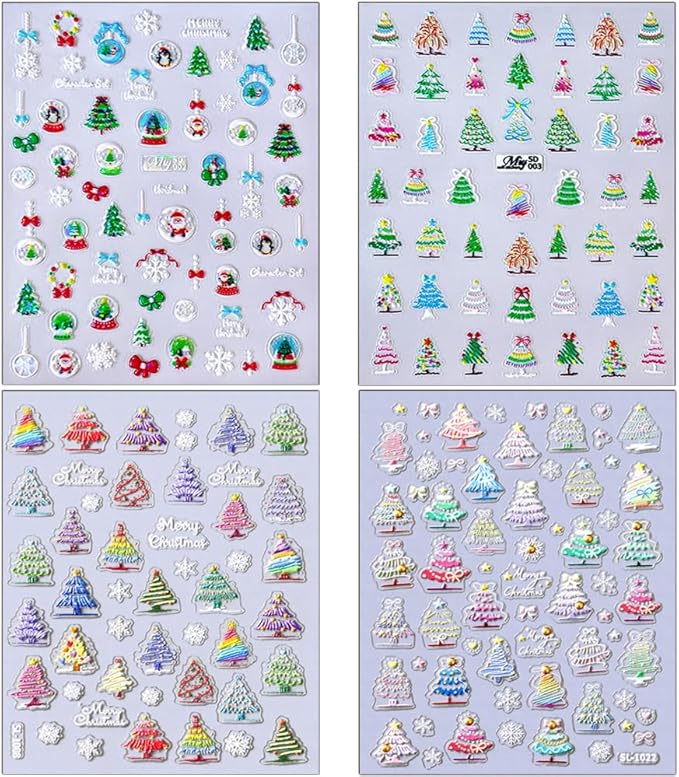 Christmas Nail Stickers 5D Embossed Christmas Lights Tree Nail Art Stickers Xmas Snowflake Nail Decals Self-Adhesive Penguin Design Sticker Holiday Nail Decoration for Women Manicure Accessories 4Pcs