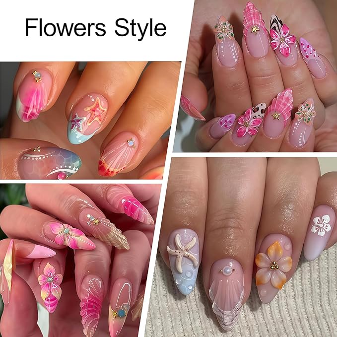Summer Nail Stickers 5D Embossed Cute Flower Pattern Ocean Colorful Starfish Self-Adhesive Design Nail Art Stickers Beach Nail Decals for Women Festival Vacation Manicure Kit DIY Decoration