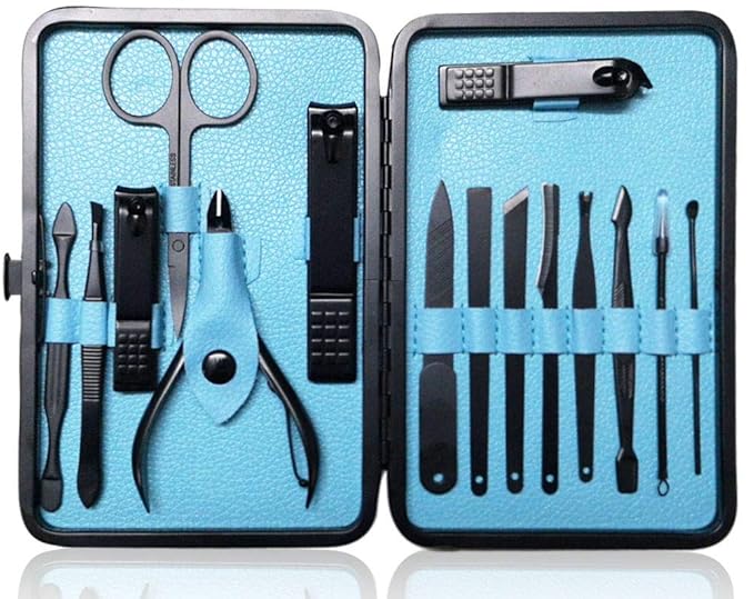 Sharp Nail Scissors and Nail Clippers Set High Precisio Stainless Steel Nail Cutter Pedicure Kit Nail File Manicure Pedicure Kit Fingernails & Toenails with stylish case (blue_(15in1))