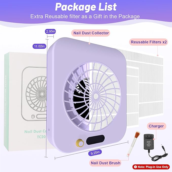 Nail Dust Collector, Dust Collector Nail Tech with 2 Reusable Filters & 1 Cleaning Brush, HPro Powerful Suction Nail Vacuum Dust Collector for Acrylic Nail Polishing, Nail Salon, Home