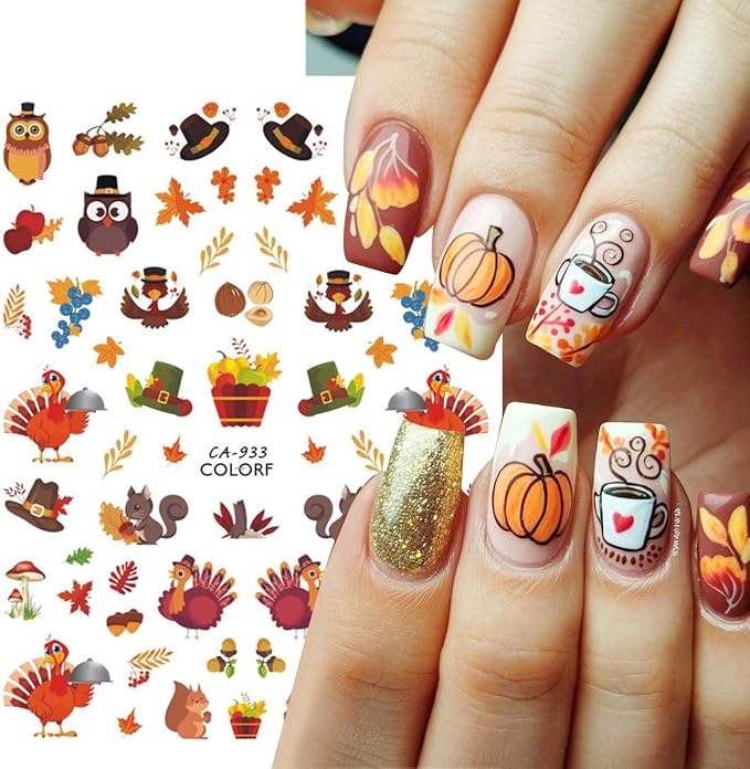 6 Sheets Fall Nail Stickers for Nail Art 3D Cute Turkey Pumpkin Nail Art Stickers Autumn Maple Leaf Sunflower Design Thanksgiving Nail Decals Nail Art Supplies for Women Acrylic Manicure Decoration