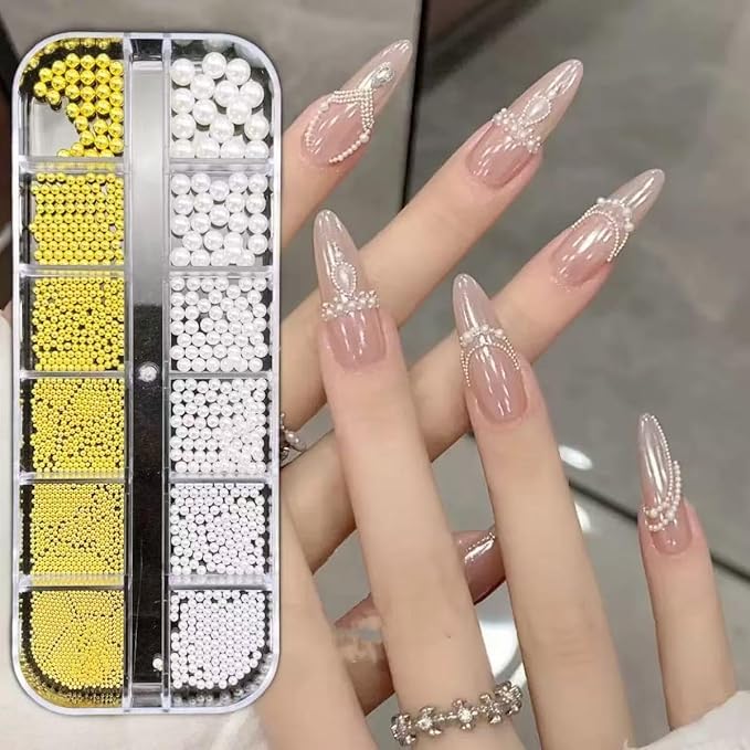 2 Boxes Flatback Pearls (White+Beige) and Silver+Gold Nail Beads for Nail Art with Rhinestone, Pearl Nail Charms and Gems and Small Round Caviar Beads for Acrylic Nail Tips Manicure 3