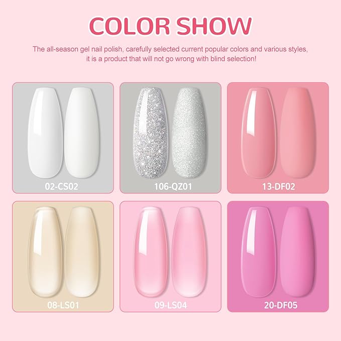 PEACECOLOR Gel Nail Polish Kit with U V Light, 6 Colors White Nude Pink Jelly Sliver Glitter Gel Polish Kit 50PCs False Tips Base Top Coat Nail Art Stickers Manicure Tools Salon DIY Home for Women