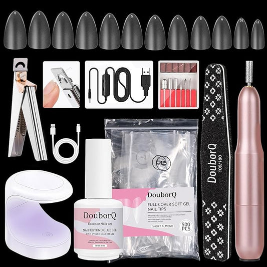 Major Dijit Gel Kit - Beginner Set With Drill, 0.5oz 4-in-1 Glue, 500PCS Short Almond Tips, Clipper, UV Lamp for Extension & Art (Short Almond)