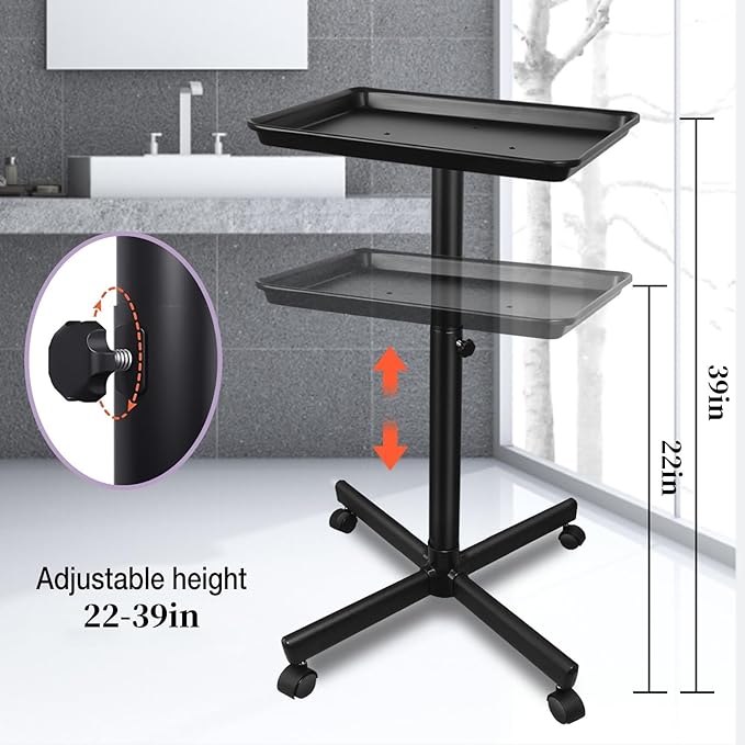 Salon Tray on Wheels, Salon Rolling Tray with Adjustable Height, Hair Stylist Tray, Suitable for Tattoo Tray and Dental Tray, No-Rusting(Black)