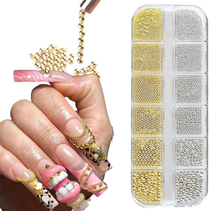 0.8mm Caviar Beads for Nails 6 Sizes Mini Small Stainless Steel Nails Art Decorations Gun Grey Beads DIY Tool Studs Accessories Gold Charms for Nails Small Gems Variety Pack(Yellow)