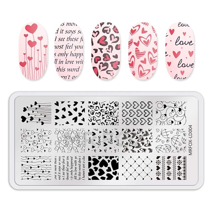 MR.FOX 5 Pcs Nail Print Board Set Valentine's Day Theme Various Hearts Cupid Electrocardiogram Nails Art Stamping Plate