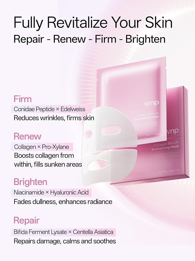 WNP 6D Bionic Collagen Bio‑Gel Mask Hydrating Overnight Real Deep with 5.1% Collagen, Niacinamide, Hyaluronic Acid, Firming, Anti‑Aging, Brightening for sensitive skin 28g x 4