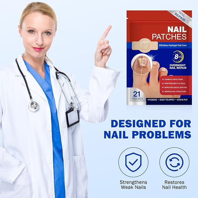 Nail Patches, 21 Pcs Toenail Treatment Extra Strength 8-Hour Overnight Nail Fast Acting Repair for Damaged & Discolored Nails Overnight Renewal Effortless Hydrogel Nail Care for Men and Women
