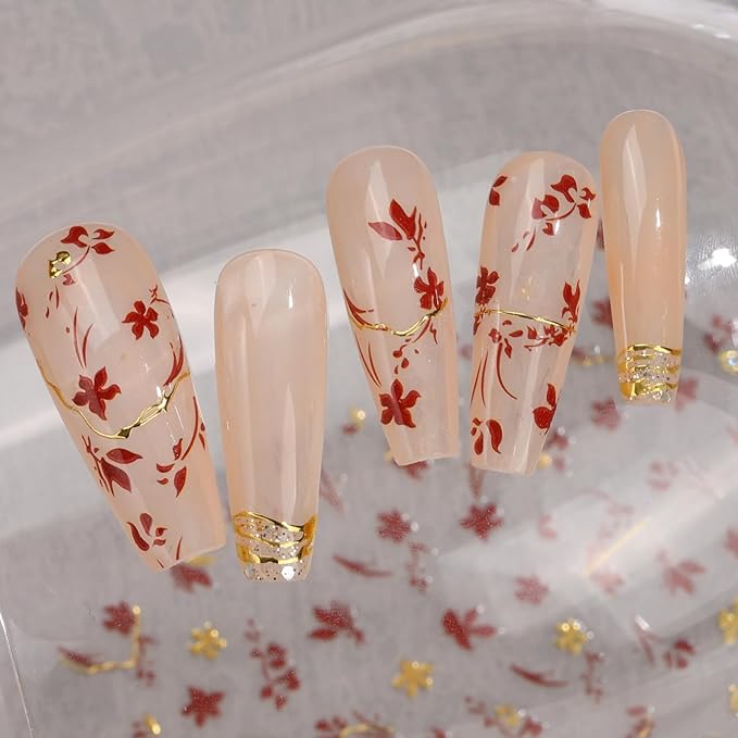 Gold Flower Nail Stickers Decals, 3D Nail Art Nail Art Stickers Gold Line Nail Decals Adhesive Metal Stripe Wave Nail Sticker for Women Manicure Decorations
