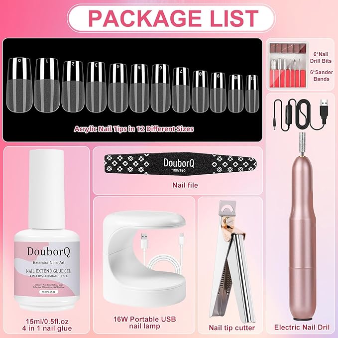 Major Dijit Gel Nail Kit - Beginner Gel Nail Set with Nail Drill, 0.5oz 4-in-1 Nail Glue , 500PCS Square Nail Tips, Nail Clipper, UV Lamp for Nail Extension & Art (Square)