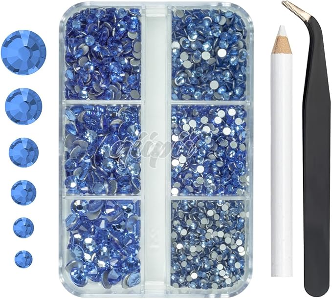 2550pcs Light Blue Nail Art Flatback Rhinestones for Face Makeup Sky Blue Nail Gems Gemstones K9 Glass SS4~SS20 6 Sizes Dark Blue Diamonds Stones w Tweezer & Picking Pen for Nails DIY Crafts