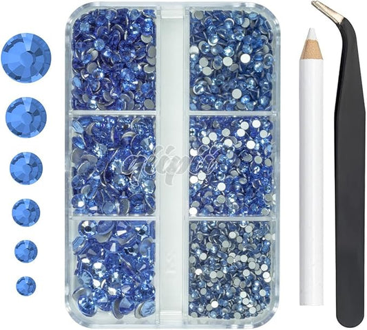 2550pcs Light Blue Nail Art Flatback Rhinestones for Face Makeup Sky Blue Nail Gems Gemstones K9 Glass SS4~SS20 6 Sizes Dark Blue Diamonds Stones w Tweezer & Picking Pen for Nails DIY Crafts