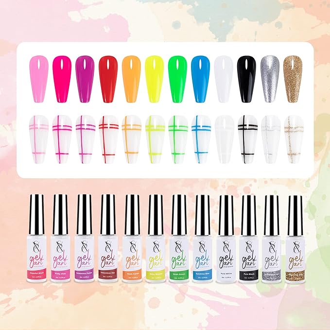 SXC Cosmetics G-41 Gel Liner Nail Art Set 12 Black White Red Pink Colors Paint for Swirl Nails Built-in Thin Brush in Bottle Pens Soak off Gold Silver Glitters Gel…