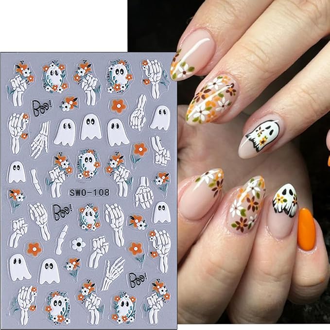 8 Sheets Halloween Nail Art Stickers Decals 3D Self-Adhesive Horror Ghost Spider Web Spider Pumpkin Hand Bone Skull Black Cat Nail Stickers Cute Halloween Nail Decals for Women Party Nails Supplies