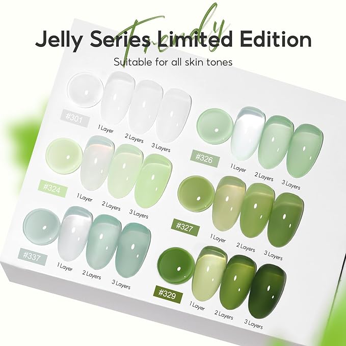 PEACECOLOR Green Jelly Gel Polish Set, 6 Colors 10ML Transparent Clear Green Collection Jelly Gel Nail Polish Set Fall Nail Art Design Home Salon DIY Gifts for Women