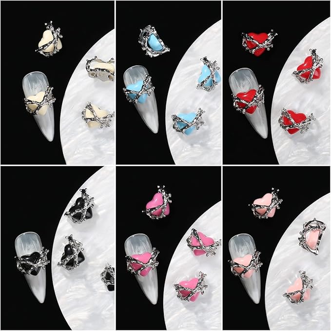 12Pcs 3D Heart Nail Charms Supplies Alloy Valentines Nail Charms Decoration Colorful Heart Charms for Nails Valentines Day Nail Charms with Design Valentines Nail Jewelry Gems Accessories