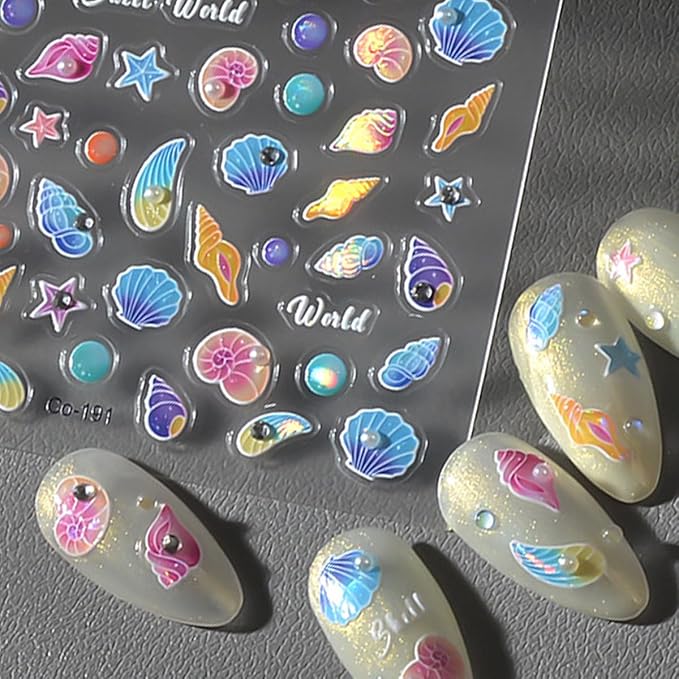 Ocean Nail Art Stickers Summer Nail Art Decals Marine Life Nail Stickers Starfish Seashell Nail Design Stickers with Pearl Rhinestone 5D Embossed Nail Decals Sea Nail Art Supplies for Women Manicure