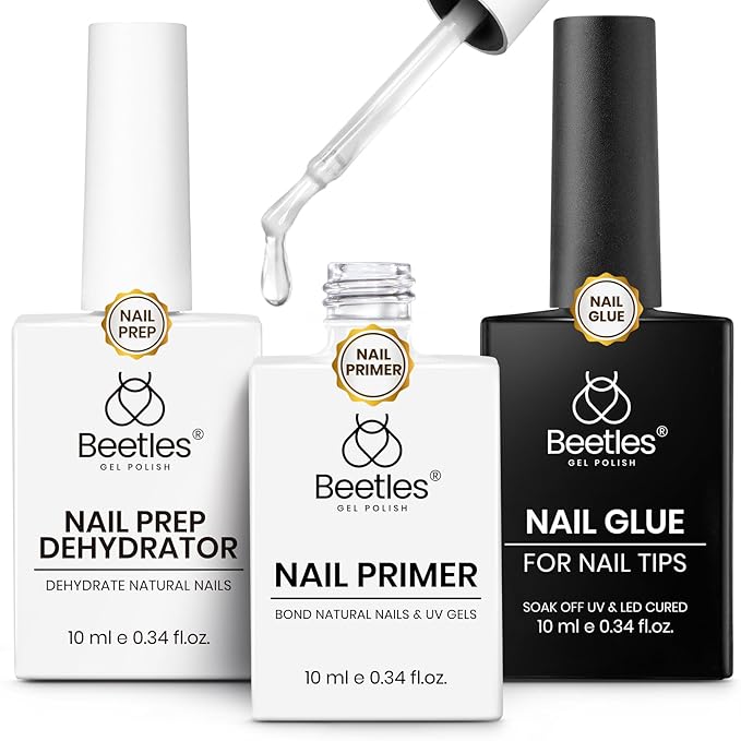 Beetles 3Pcs Gel Nail Glue Nail Dehydrator and Primer, Professional Nail Prep Acid-Free & Hema-Free Dehydrate Bond Primer 9 in 1 Gel Glue Kit for Press On Nails Nail Tips Nail Extension Fall Nail Gift