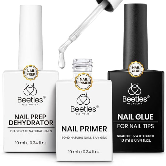 Beetles 3Pcs Gel Nail Glue Nail Dehydrator and Primer, Professional Nail Prep Acid-Free & Hema-Free Dehydrate Bond Primer 9 in 1 Gel Glue Kit for Press On Nails Nail Tips Nail Extension Fall Nail Gift