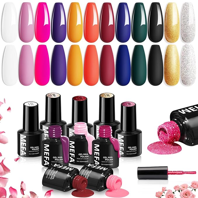 MEFA Gel Nail Polish Set, 12 Colors Gel Nail Kit Pink Red Black Glitter White Blue Yellow Purple Collection with Classic Color for Starters Nail Art Manicure at Home DIY Salon Gifts