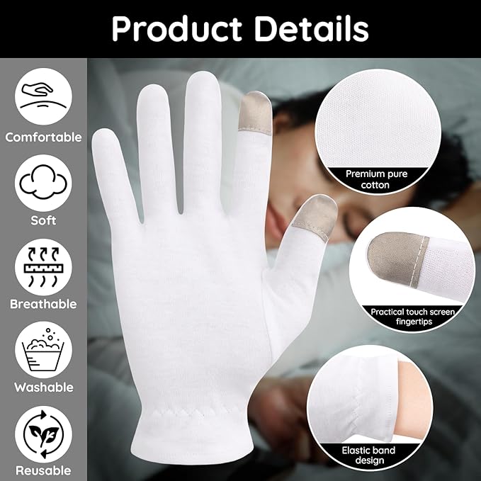 Segbeauty 12 Count Moisturizing Gloves with Touchscreen Fingers, Cotton Glove Liners with Elastic Band for Sleeping Overnight, White Cotton Glovesfor Men and Women, Work Gloves for Coin Handling Large