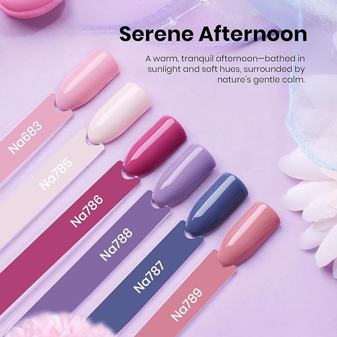 Beetles Gel Nail Polish Set Hema Free - 6 Colors Purple Nude Baby Pink Blue Gel Polish Kit Soak Off Uv LED Nail Lamp 15ml DIY Home Manicure Salon Serene Afternoon Gift for Women Girls