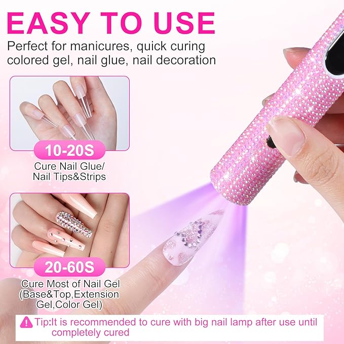 Handheld UV Light for Gel Nails, Pink Diamond Gel Light for Nails Cordless Nail Lamp Rechargeable with Led Display Lamp for Rhinestone Glue Decoration DIY at Home