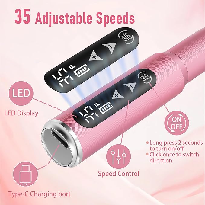 Nail Drill File Electric, 2-in-1 Touch Rechargeable Drill Nail, Cordless Manicure Pedicure Tools Polishing Machine Kit for Acrylic Gel Dip Powder with Nail Drill Bits Sanding Bands (A-105 Pink)