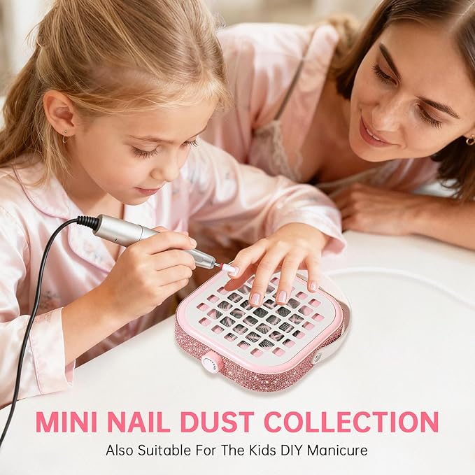 Nail Dust Collector, Bling Crystal Diamond Compact 6000RPM Powerful Vacuum Fan Vent Dust Collector Extractor Dust Suction Machine for Acrylic Nails Polishing, Fast Charging