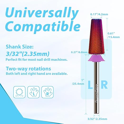 Professional Nail Drill Bits for New Artists, Cross Cut 3/32'' Safety Tungsten Carbide Tapered Bit, Remove Gel Fast, Left & Right Hand Use, Manicure Cuticle Soft Hard Gel Polishing, Double Fine.