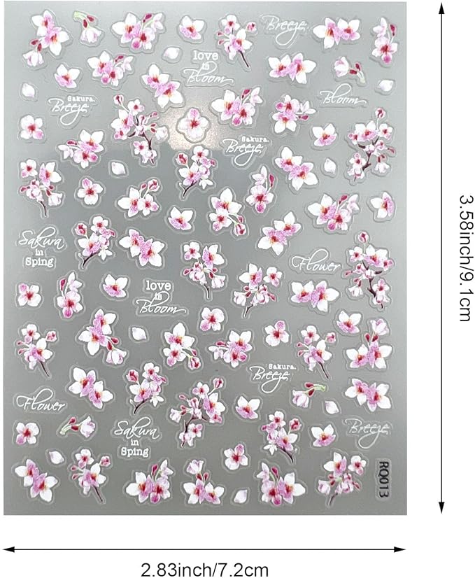 2 Sheets Flower Nail Stickers for Nail Art, 5D Embossed Self Adhesive Spring Summer Sakura Design Nail Supplies Decoration for Women Girl DIY Manicure Accessories