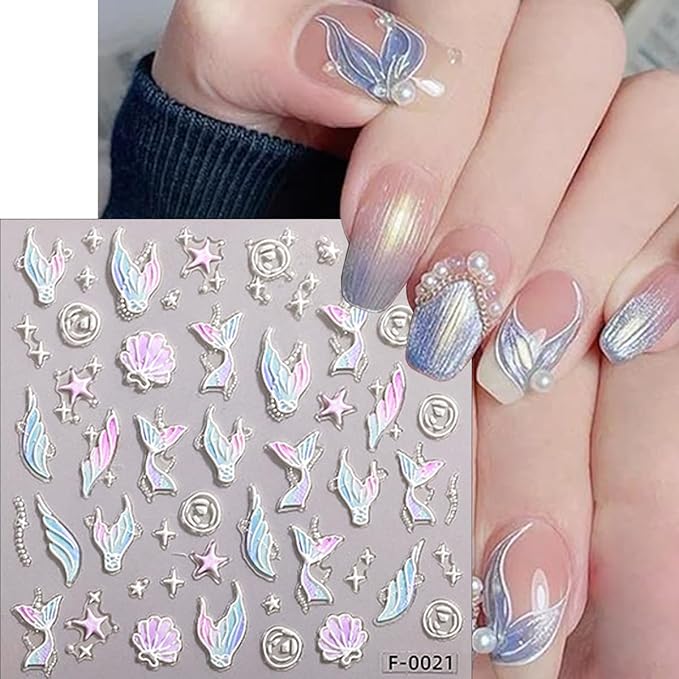 3Sheets 5D Embossed Cute Nail Stickers Summer Shell Starfish Mermaid Nail Decals Pink Butterfly Rose Flower Nails Art Stickers Heart Bow Nails Supplies for Women Girls DIY Manicure Decoration