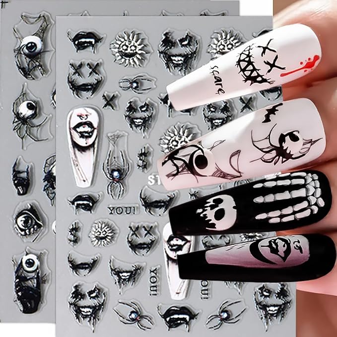 8 Sheets Halloween Nail Art Stickers - Goth Ghost, Skeleton Skull Spider Nail Decals - 3D, 5D Black Wing Nail Supplies - DIY French Manicure