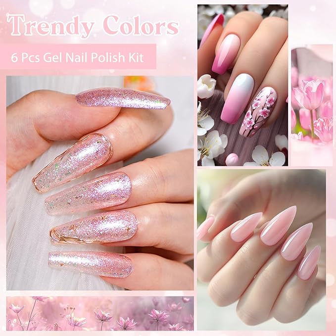 MEET ACROSS Gel Nail Polish Set 6 Pcs Glitter Colors Gel Nail Kit Art Design Soak Off UV LED (SET-8, 6pcs)