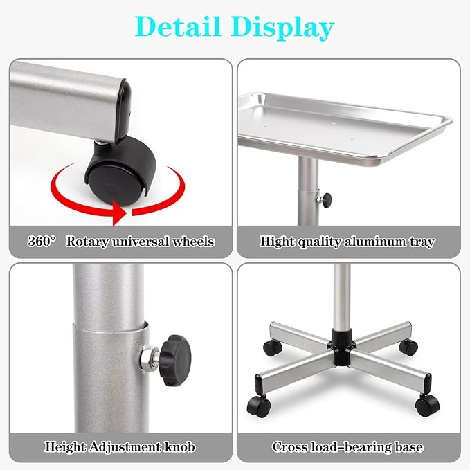 Salon Tray, Silver Salon Tray, Tattoo Tray on Wheels, Metal Salon Rolling Tray, Salon Services Tray Height-Adjustable, (Silver)