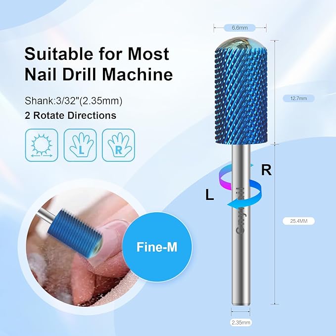 3/32" Large Barrel Smooth Round Top Tungsten Carbide Nail Drill Bit Safety Bit for Gel & Acrylic Removal, 2-Way Rotating Efile Tip, Salon Electric File Accessory (M Grit, Blue)