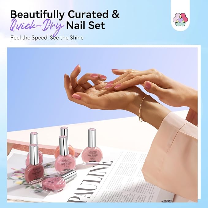 SAVILAND Color Artistry Pink Nail Polish Set: 6-Color Quick Dry Nail Polish Nude Shimmer Glitter Pearl Pink Fingernail Polish Set 12-Free Nail Lacquer DIY Modern Minimalist Gifts for Women