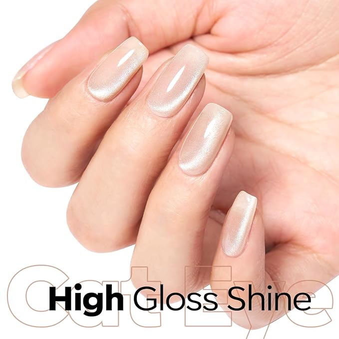 modelones Cat Eye Gel Nail Polish, 15 ML Silver Nude Glitter Holographic Glass Cat Eye Summer Jelly Shimmer Reflective Translucent U v Gel Magnetic Nail Polish Top Coat for Women Girl