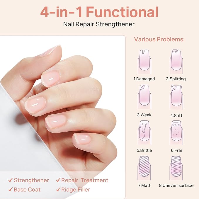 MIZHSE Nail Strengthener, Nude Color Air Dry Nail Repair Treatment Growth Polish, Natural Concealer Ridge Filler for Nails Foundation Polish for Thin and Damaged Nails 16ML