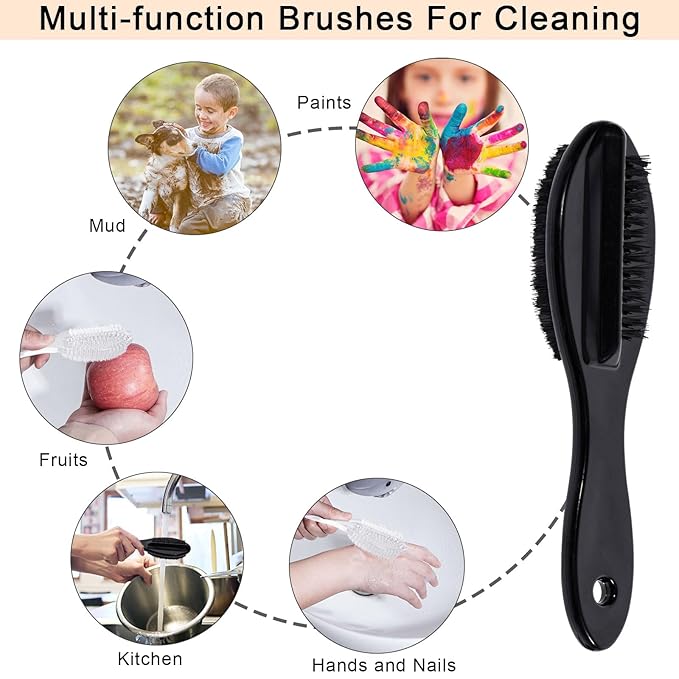 Nail Brush for Cleaning Fingernails 4 PCS, Long Handle Grip Double Sided Nail Foot Scrub Brush Fingernail Cleaner, Soft Stiff Bristles Pedicure Nail Scrubber Non-Slip for Men Women Black