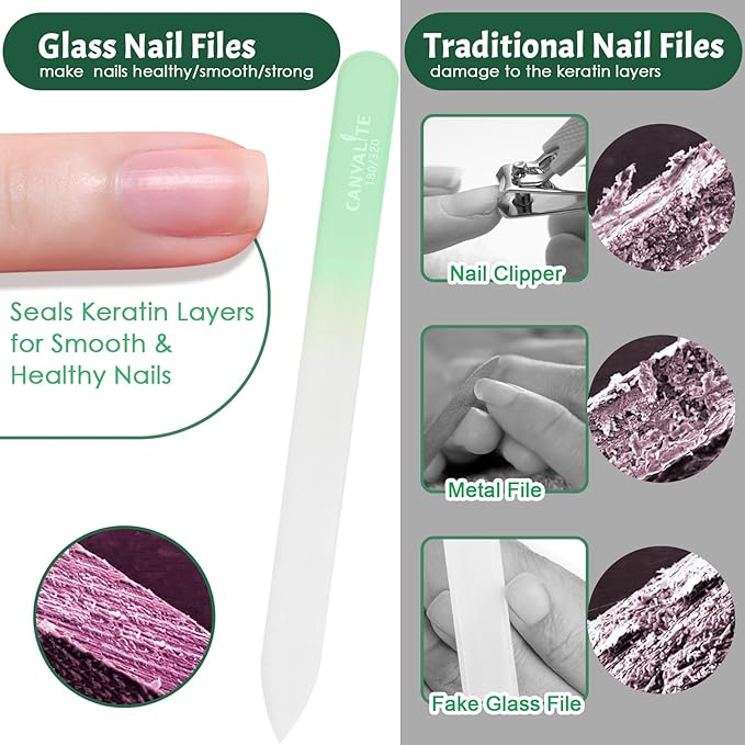 CANVALITE Glass Nail Files for Natural Nails Glass Fingernail File with Case Double Sided 180/320 Grit, Stocking Stuffers for Women Girls, Pack of 3