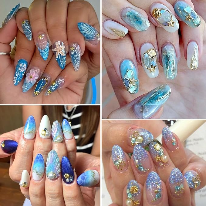 12Grids Summer Metal Nail Art Charms 3D Gold Starfish Shell Conch Nail Charms Sparkly Golden Rhinestone Seahorse Nail Art Jewelry White Pearls Nail Jewelry Ocean Theme Designs Nails Supplies for Women