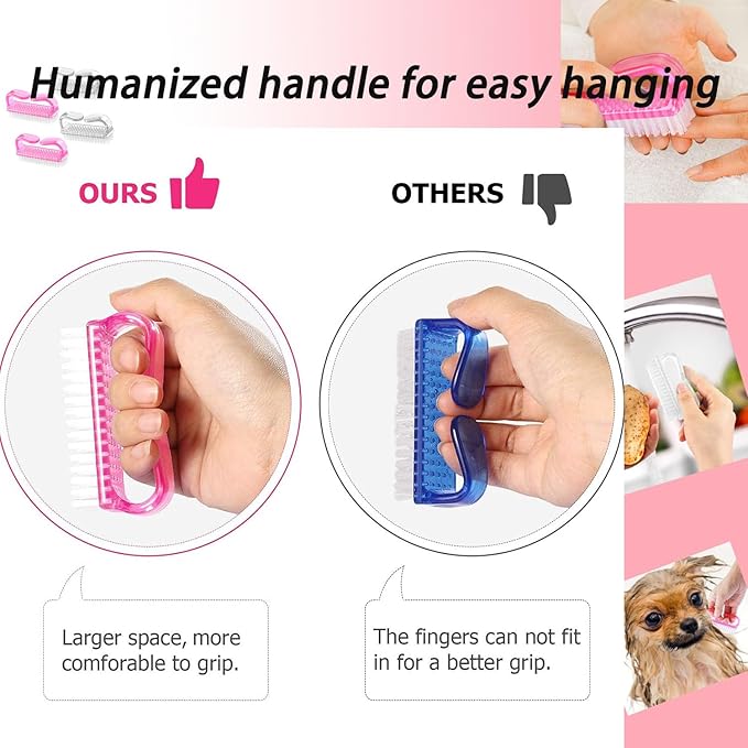 4-Pack Handle Grip Nail Brush, Hand Fingernail Brush Cleaner Scrubbing Kit Pedicure for Toes and Nails Men Women(Pink + Clear)